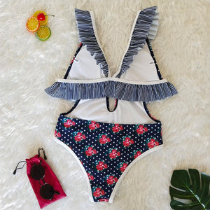 Deep V Ruffled Neck Print Ins Style One Piece Swimsuit