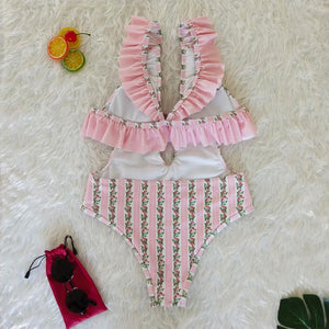 Deep V Ruffled Neck Print Ins Style One Piece Swimsuit