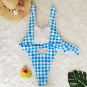 Blue Plaid Ins Style One Piece Swimsuit