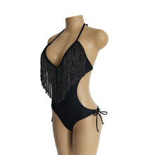 Load image into Gallery viewer, Deep V-neck Tassels Halterneck One-piece Swimwear