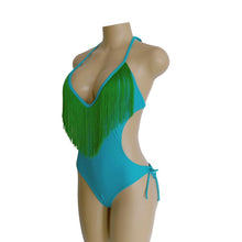 Load image into Gallery viewer, Deep V-neck Tassels Halterneck One-piece Swimwear