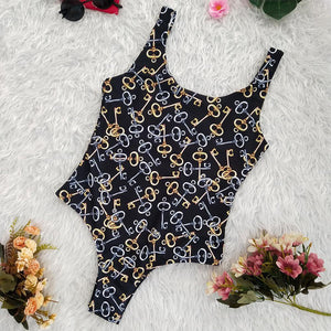 Keys Pattern Print One Piece Swimsuit