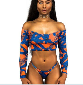 Sexy African Print Tribal Swimsuit Long Sleeve Swimwear Bathing Suit Women Swimming Suit Surfing Beachwear Thong Bikini Maillot