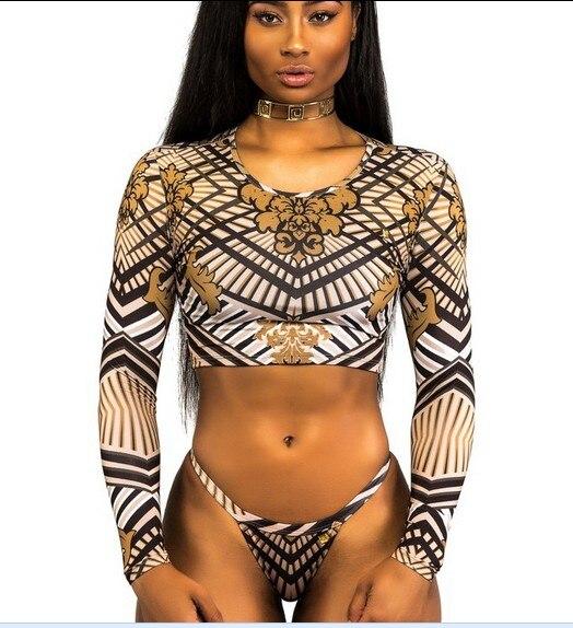 Sexy African Print Tribal Swimsuit Long Sleeve Swimwear Bathing Suit Women Swimming Suit Surfing Beachwear Thong Bikini Maillot