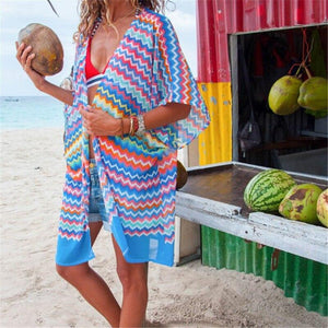 Sexy Women Chiffon Beach Dress Bathing Open Cardigan Bikini Cover Up Leaves Printed Beachwear Dress