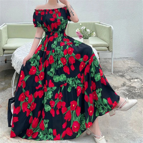 Summer Woman Clothing Loose Bohemian Floral Cotton Beach Korean Style Off-Shoulder Print Casual Vintage Vestidos Robe Maxi Dress
