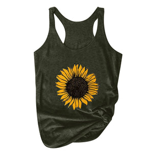 Sunflower Print Women Sleeveless O-neck Tank Tops