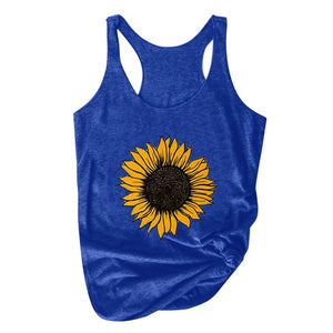 Sunflower Print Women Sleeveless O-neck Tank Tops