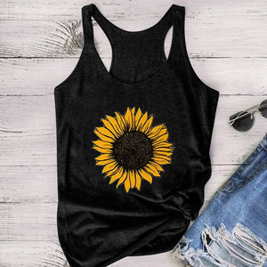 Sunflower Print Women Sleeveless O-neck Tank Tops