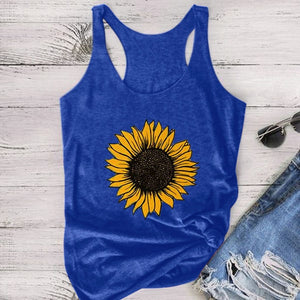 Sunflower Print Women Sleeveless O-neck Tank Tops