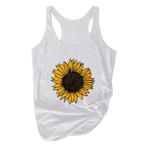 Sunflower Print Women Sleeveless O-neck Tank Tops