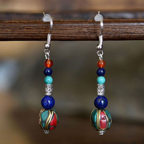 Nepal style Tibetan agate turquoise earrings women's unique and elegant long retro accessories to modify the face.