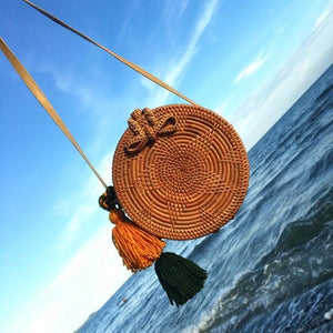 Handmade Rattan Woven Bag Round Retro Beach Handbag