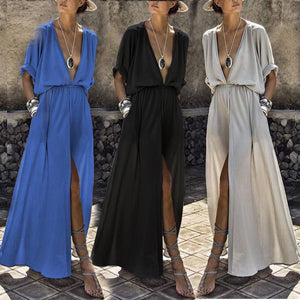 Solid Color V Neck Short Sleeve Split Maxi Dress