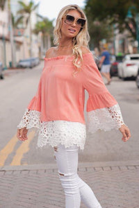 Off Shoulder Lace Splice Long Sleeve Tops Blouse