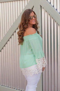 Off Shoulder Lace Splice Long Sleeve Tops Blouse