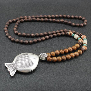 Unisex Handmade Necklace Nepal Buddhist Mala Wood Beads Pendant & Necklace Ethnic Fish Horn Long Statement Men Women's Jewelry