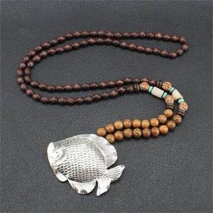 Unisex Handmade Necklace Nepal Buddhist Mala Wood Beads Pendant & Necklace Ethnic Fish Horn Long Statement Men Women's Jewelry
