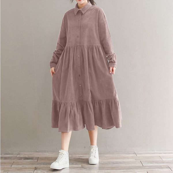 Vintage Corduroy Shirt  Dress Women Sundress  Spring Casual Long Sleeve Ruffle Vestidos Female Button Midi Robe