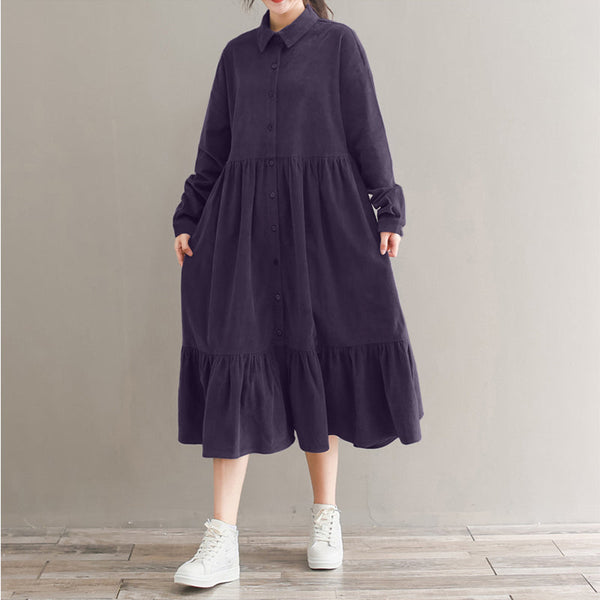 Vintage Corduroy Shirt  Dress Women Sundress  Spring Casual Long Sleeve Ruffle Vestidos Female Button Midi Robe