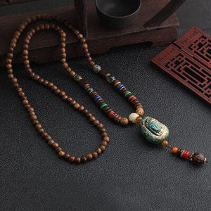 Vintage Nepal Long Buddhist Mala Wood Beaded Pendant & Necklace Ethnic Bohemian Boho Buddha Lucky Jewelry for Women Men