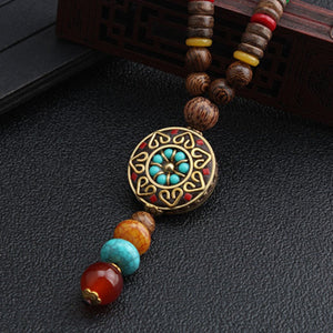 Vintage Nepal Long Buddhist Mala Wood Beaded Pendant & Necklace Ethnic Bohemian Boho Buddha Lucky Jewelry for Women Men