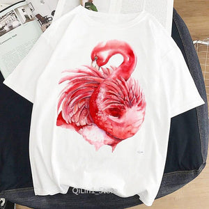 Women Summer Vintage Watercolor Flamingo Animal Printed T-shirt