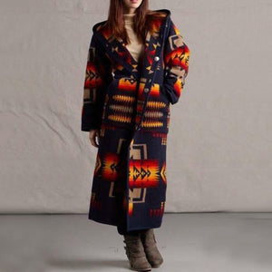 Women Elegant Geometric Print Hooded Coats Fashion Button Pocket Warm Long Cardigan Mujer Autumn Winter Vintage Overcoat Trench