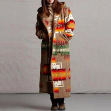 Load image into Gallery viewer, Women Elegant Geometric Print Hooded Coats Fashion Button Pocket Warm Long Cardigan Mujer Autumn Winter Vintage Overcoat Trench