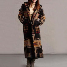 Load image into Gallery viewer, Women Elegant Geometric Print Hooded Coats Fashion Button Pocket Warm Long Cardigan Mujer Autumn Winter Vintage Overcoat Trench