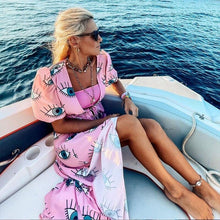 Load image into Gallery viewer, Wrinkle-free Pink Eyes Chiffon Dresses Sexy Short Sleeve 2021 Summer Beach Dress Women Beach Wear Swim Suit Cover Up D1