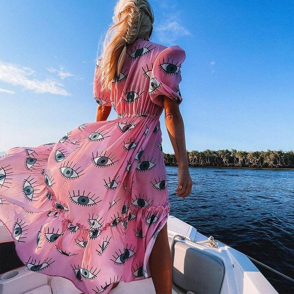 Wrinkle-free Pink Eyes Chiffon Dresses Sexy Short Sleeve 2021 Summer Beach Dress Women Beach Wear Swim Suit Cover Up D1