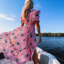 Load image into Gallery viewer, Wrinkle-free Pink Eyes Chiffon Dresses Sexy Short Sleeve 2021 Summer Beach Dress Women Beach Wear Swim Suit Cover Up D1