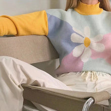 Load image into Gallery viewer, Young Gilrs Macaron Color Patchwork Sweater  Winter Sweet Flower Print Loose Pullover Street Cute Long-Sleeve Jumper Femme