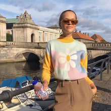 Load image into Gallery viewer, Young Gilrs Macaron Color Patchwork Sweater  Winter Sweet Flower Print Loose Pullover Street Cute Long-Sleeve Jumper Femme