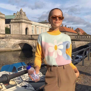 Young Gilrs Macaron Color Patchwork Sweater  Winter Sweet Flower Print Loose Pullover Street Cute Long-Sleeve Jumper Femme