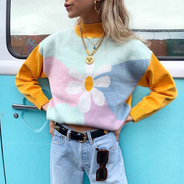 Young Gilrs Macaron Color Patchwork Sweater  Winter Sweet Flower Print Loose Pullover Street Cute Long-Sleeve Jumper Femme