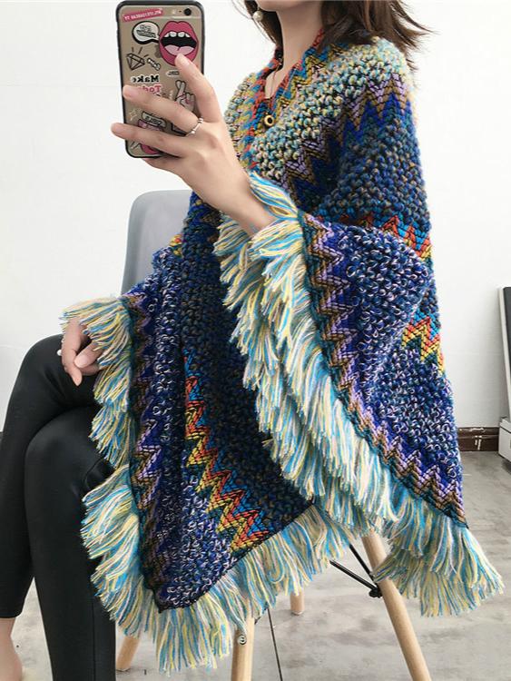 National Hood Shawl Knitted Spring and Summer Jacket Horse Sea Hair Tassel Scarf Coat Women Long Shawl Leisure