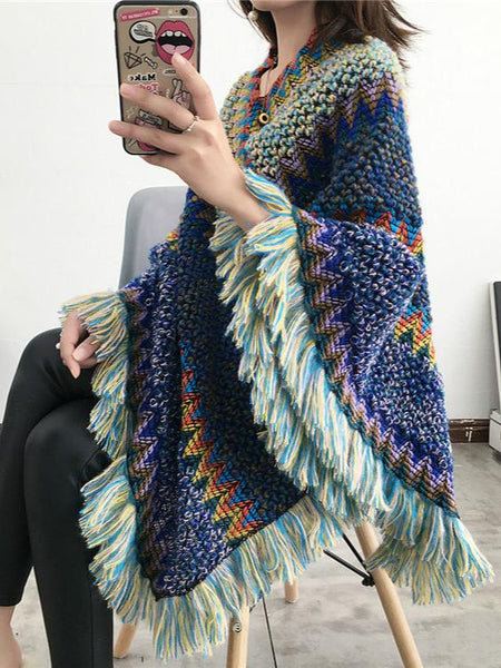 National Hood Shawl Knitted Spring and Summer Jacket Horse Sea Hair Tassel Scarf Coat Women Long Shawl Leisure