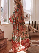 Load image into Gallery viewer, Boho Patchwork Maxi Floral Print Long Batwing Sleeve Belt Cover-up