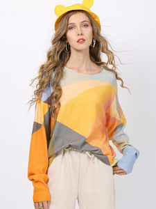 Fashion stitching printed sweater women's European and American large Pullover long sleeve crew neck loose knit