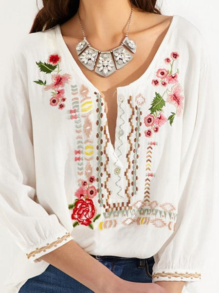 Embroidered Bohemian Floral Casual V-Neckline Sleeves Peasant Blouses Tops