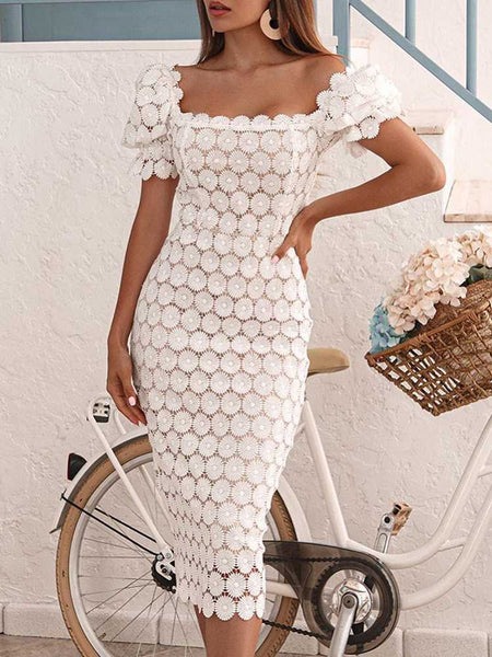 Stylish lace temperament, commuter mid-skirt, three-tone mid-rise solid color wrap-around midi dress