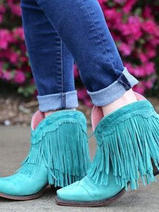 Women Slip On Retro Square Heel Solid Color Suede Boots Point Toe Tassel Shoes