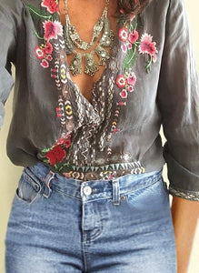 Embroidered Bohemian Floral Casual V-Neckline Sleeves Peasant Blouses Tops