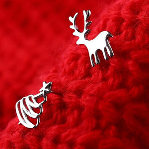 Cute Deer Christmas Tree Sliver Color Stud Earrings