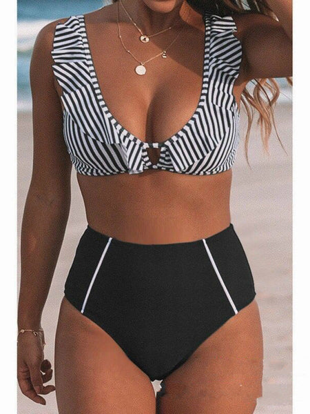 Bikini stripe solid color lotus leaf flash high waist split swimsuit