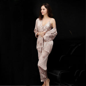 Silk pair pajamas women summer three-piece suit long-sleeved
