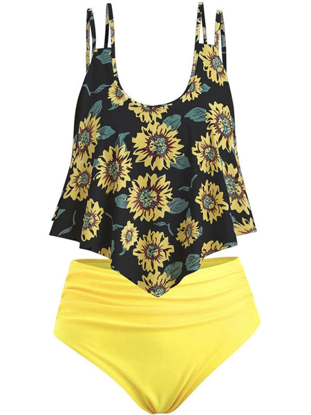 Summer High Waist Sunflower Print Split Swimsuit