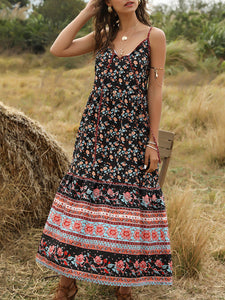 Bohemian Wind Printing Loose V-neck Stitching Large Suspender Dress Women's Clothing